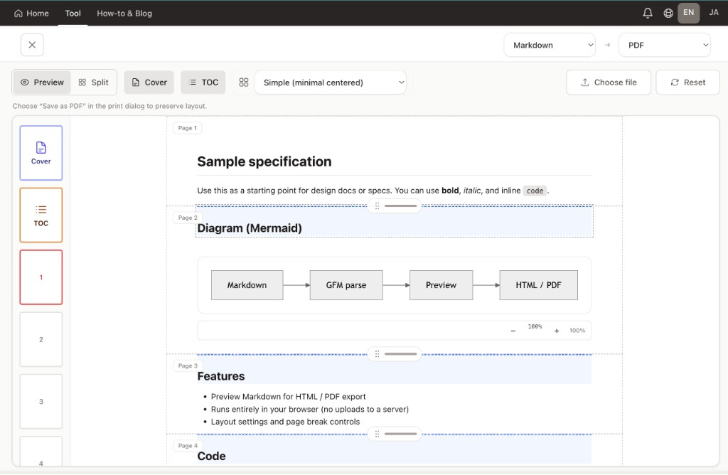 Screenshot of the Markdown to PDF editor with print preview and page thumbnails