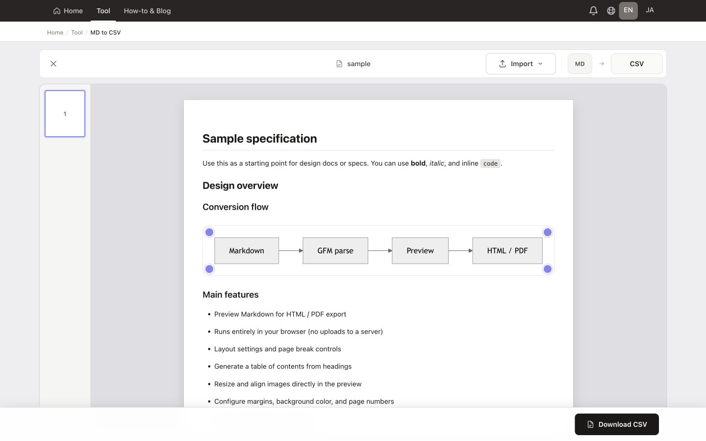 Convert Markdown Tables to CSV — real conversion workspace with sample Markdown loaded
