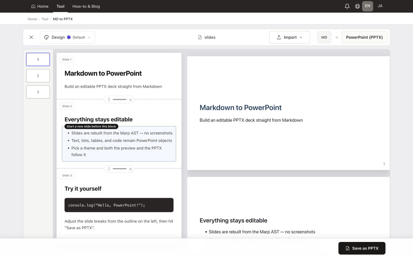 Convert Markdown to PowerPoint (PPTX) — real conversion workspace with sample Markdown loaded