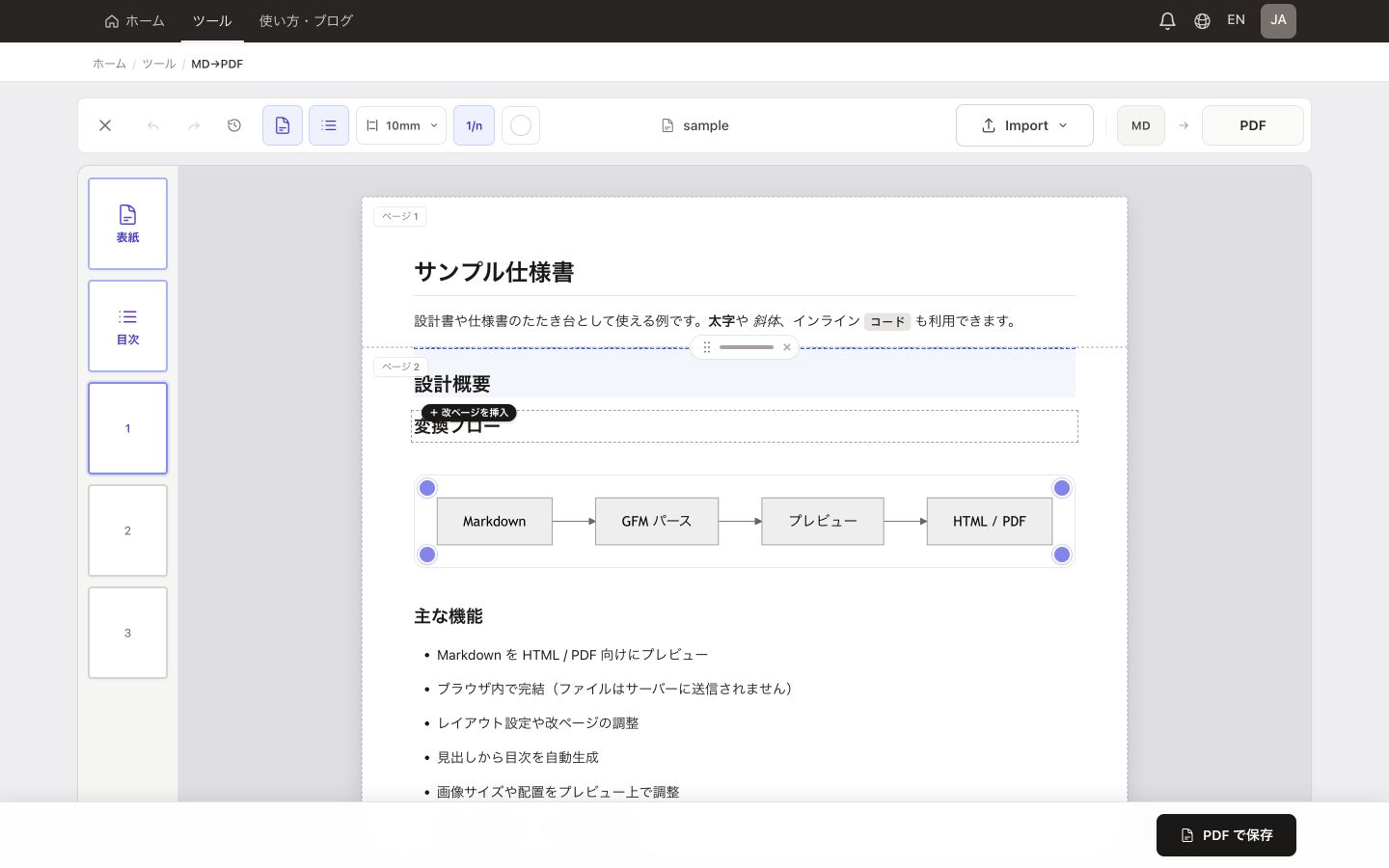 MarkdownをPDFに変換 — サンプルを読み込んだ実際の変換画面
